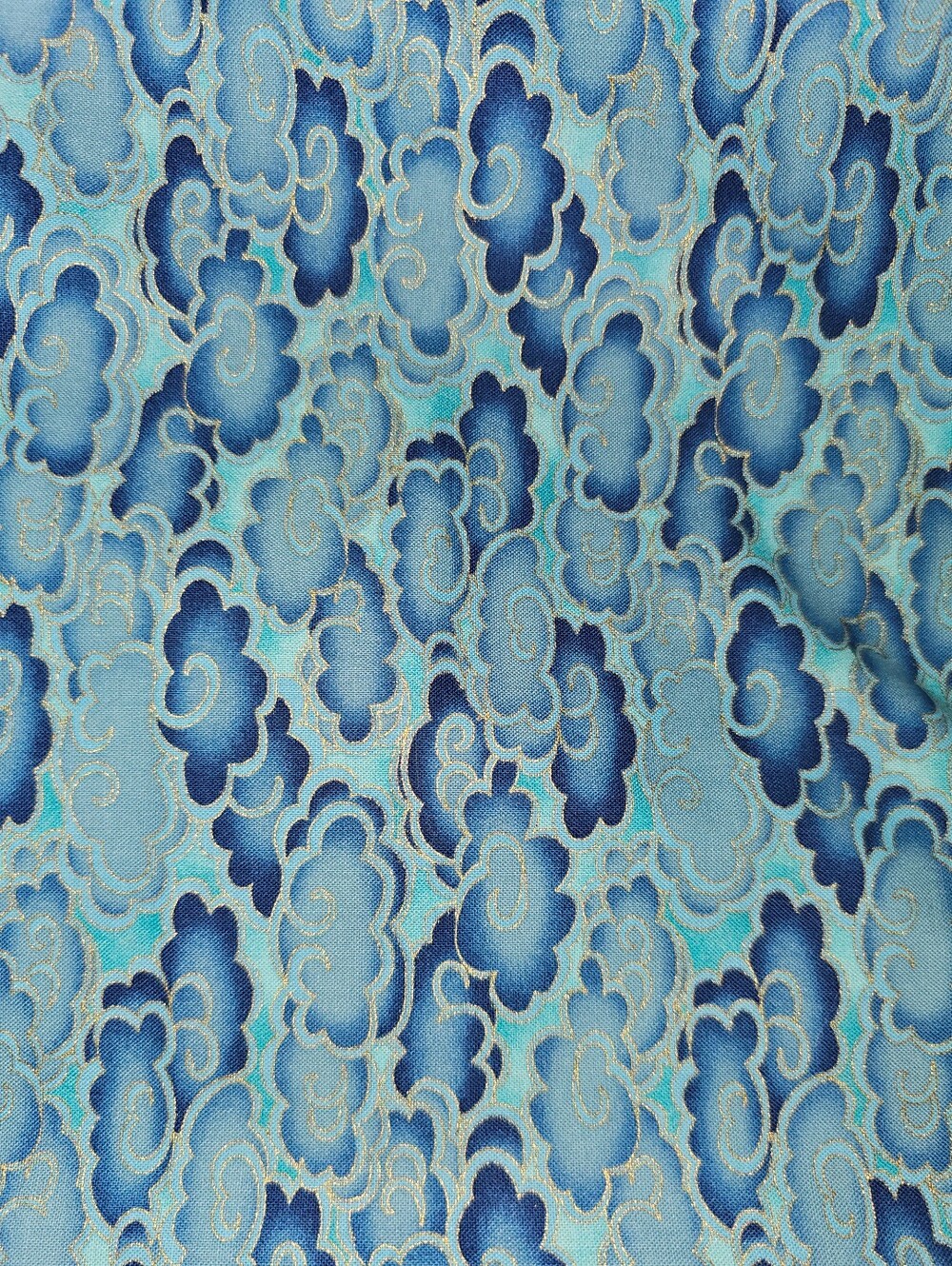 Blue Metallic Print Cotton Fabric Wiggle Waggle It's A Cloudy Day 5/8 YD